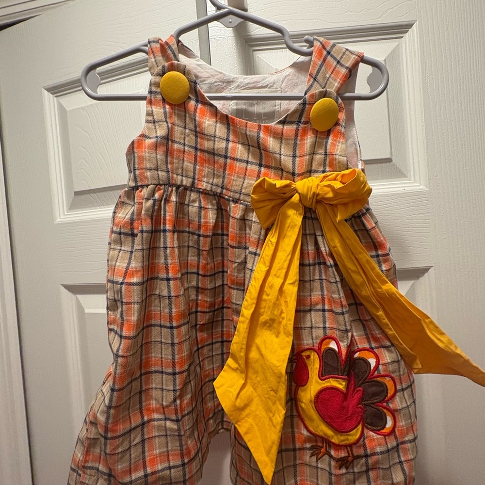 Plaid Dress with Yellow Bow and Turkey Patch